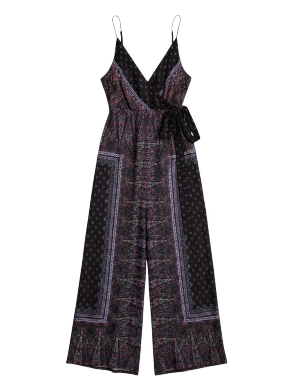 Free People Cabbage Rose Jumpsuit Black Combo Wide Leg Wrap Waist Size 10